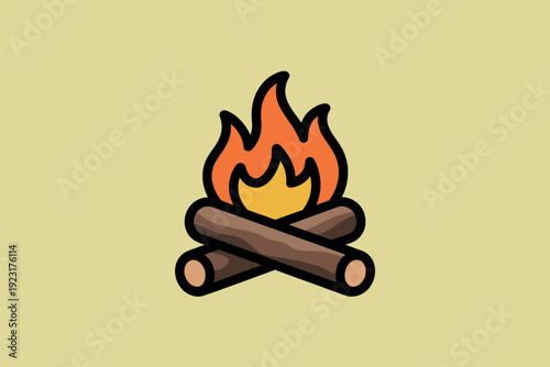A cartoon illustration of a campfire with logs and flames on a pale yellow background