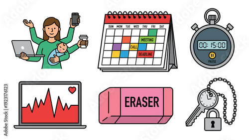 Time Management & Daily Life Icons: Multitasking, Calendar, Stopwatch, Health, Eraser, Keys. Productivity & Planning Vector Set.
