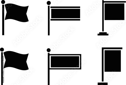 Flag and banner silhouettes vector illustration set, blank signboard icons collection, minimal signage symbols with poles, isolated on white background