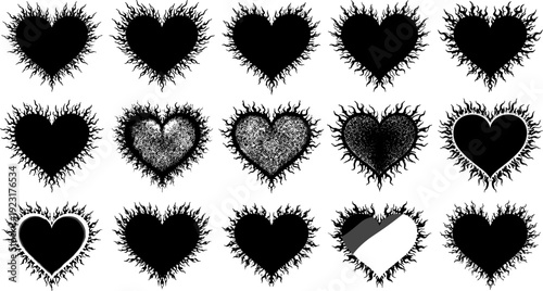 Flaming heart silhouette icon set, black burning love symbols collection with grunge and fire effects, romantic passion graphics, clean flat vector illustration isolated on white background