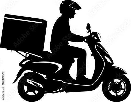 Food delivery scooter rider silhouette vector illustration, motorcycle courier with cargo box, urban delivery service transportation icon isolated on white background