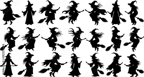 Flying witch silhouette collection, halloween witches on broom vector set, spooky magic fantasy characters, black minimalist illustration for seasonal design
