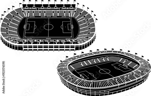Football stadium illustration showing soccer arena top and perspective views, sports venue architecture isolated on white background, championship arena concept, detailed black vector design