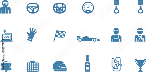 Collection of blue automotive and racing icons with reflections, including car parts, drivers, track, and trophy, for motorsports themes.