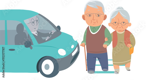 Elderly couple crossing the street at a crosswalk as a driver in a car kindly stops, promoting safe driving and respect for seniors.