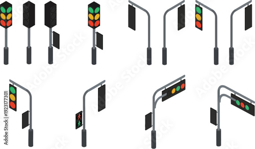 Isometric collection of traffic lights and signals, showing different angles and states, including pedestrian crossings and junction views.