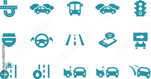 Teal colored vector icons for traffic and transportation, including cars, bus, traffic light, road signs, navigation, and accident symbols.