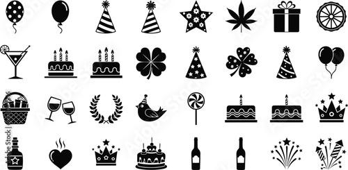 Mega collection of black celebration icons featuring party balloons birthday cakes with candles gift boxes fireworks sparkling stars crowns cocktails and festive holiday symbols.