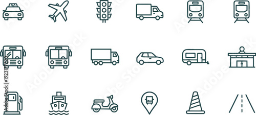 Set of modern vector icons for transportation and traffic symbols, clean line art style, representing vehicles, road signs, and stations for web and mobile use.