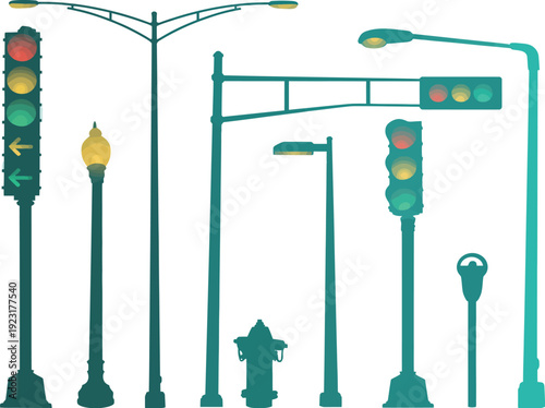 Collection of street furniture and traffic control elements, including traffic lights, street lamps, and fire hydrant.