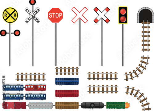 Collection of railroad crossing signs, traffic signals, trains, and tracks in a flat design style.