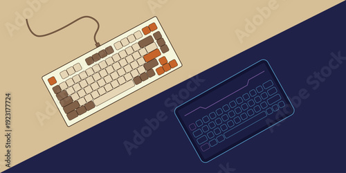 Keyboard and tablet split illustration. Diagonal canvas divided into two flat sections. Beige retro keyboard on the left and modern tablet with neon digital keyboard on the right.