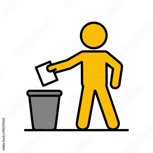 A minimalist vector illustration of a person throwing away a piece of paper into a trash can
