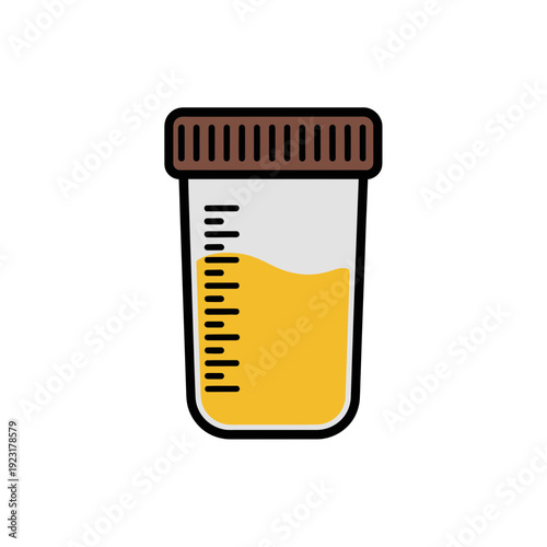 A medical urine sample container with a brown cap and measurement markings on a white background