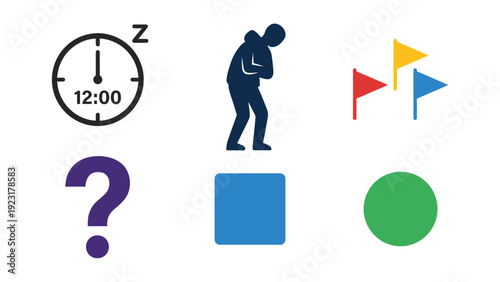Diverse Flat Design Concept Icons: Sleep, Pain, Goals, Question, and Geometric Shapes