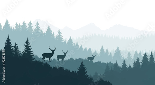 A semi-realistic illustration of deer standing on a hill amidst a forest with stronger dimensional effects conveying sustainable wildlife conservation in a natural setting