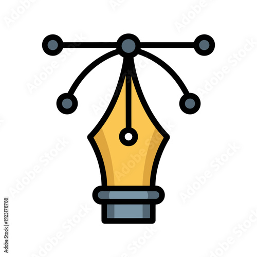 A minimalist vector illustration of a fountain pen nib with ink splatters on a clean white background