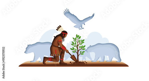 Vector illustration of an indigenous man planting a tree with wildlife, including bears and an eagle, conveying harmony and conservation in a natural setting