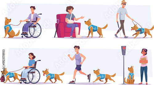 Diverse people with service dogs assisting with various disabilities and daily tasks, vector illustration set