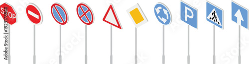 Collection of isometric road signs including stop, no entry, parking, roundabout, and pedestrian crossing