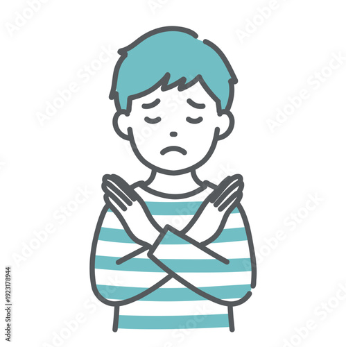 NGサインを出す男の子（子ども）のイラスト（禁止・注意・上半身）