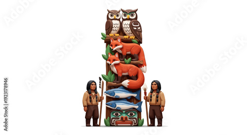 Vector illustration of indigenous people standing beside a vibrant totem pole featuring wildlife and tribal designs with a harmonious blend of nature and culture