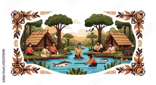 Vector illustration of indigenous people in harmony with wildlife by a serene river with tribal huts and lush greenery in a natural conservation setting