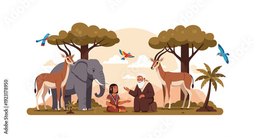 Vector illustration of indigenous people interacting with wildlife in a harmonious natural setting with animals and trees, conveying a conservation concept