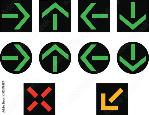 Set of directional traffic arrows and symbols, including stop and turn signals in green and red