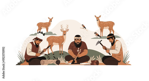 Indigenous people in harmony with wildlife, sitting in a natural setting with deer and birds, conveying a sense of conservation and tribal connection