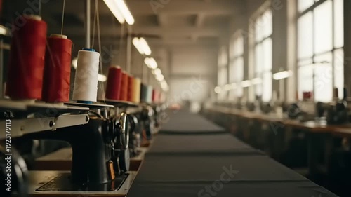 Rows of sewing machines in a brightly lit textile factory, focusing on spools of red thread