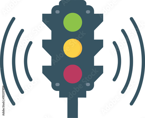 Animated traffic light with red, yellow, and green lights, emitting sound waves, representing smart city technology and audible signals.