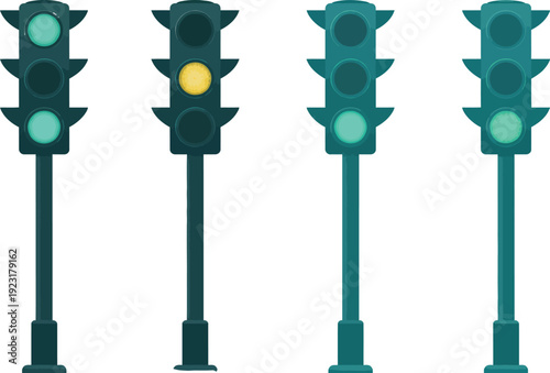 Four traffic lights in different states: green, yellow, and two with green lights illuminated.