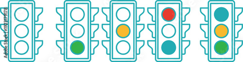 Line art and colored vector illustrations of five traffic lights, showing various signal combinations.