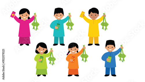 Happy Diverse Children Celebrating Hari Raya Aidilfitri Holding Ketupat and Duit Raya Packets