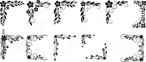 Mega collection of black vector silhouettes featuring various decorative floral corner borders with blooming flowers elegant swirls and botanical leafy branches for design.