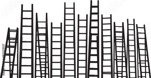Multiple ladders of different heights on white background standing