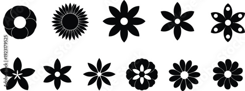 Mega collection of black vector silhouettes featuring various flower head shapes including sunflowers daisies and lilies for nature garden and floral graphic design elements.
