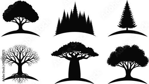Mega collection of black vector tree silhouettes featuring oak pine and baobab styles on hills for nature landscape environmental and conservation design elements.