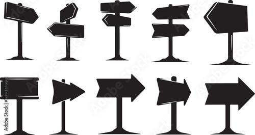 Collection of black directional signs on white background