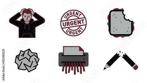 Stress, Urgency, and Frustration Icon Set: Deadline Pressure, Work Problems, Mistakes, and Overwhelm Symbols