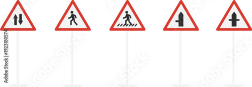 Set of diverse road traffic warning and directional signs on poles against a teal background, vector illustration