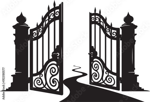 Elegant black iron gate with ornate details and pathway