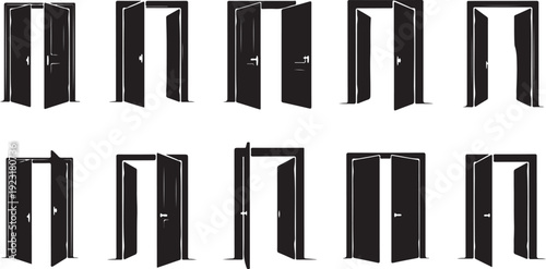 Multiple black doors opening in different directions illustration