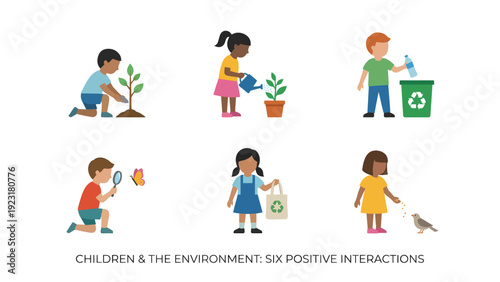 Diverse Children Engaged in Positive Environmental Actions Planting Watering Recycling Nature Study Reusable Bags Bird Feeding