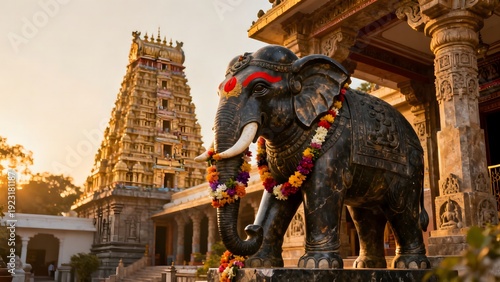 Wallpaper Mural Decorated elephant statue in front of a traditional South Indian temple gopuram at sunset Torontodigital.ca