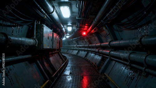 Wallpaper Mural Dark and wet industrial tunnel with red warning lights Torontodigital.ca