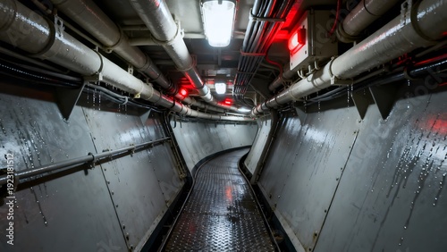 Wallpaper Mural Gritty industrial corridor with overhead pipes and red illumination Torontodigital.ca