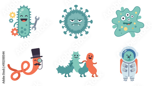 Cute cartoon microorganisms set. Diverse bacteria, viruses, and microbes with funny faces and costumes for science education.