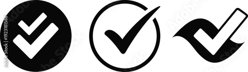 Set of black and white checkmark icons featuring solid circular badges outline validation symbols and creative winged tick marks for success and approval design.